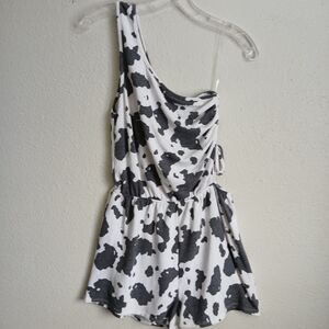 Le Lis Cow Print One-Shoulder Romper in White & Charcoal